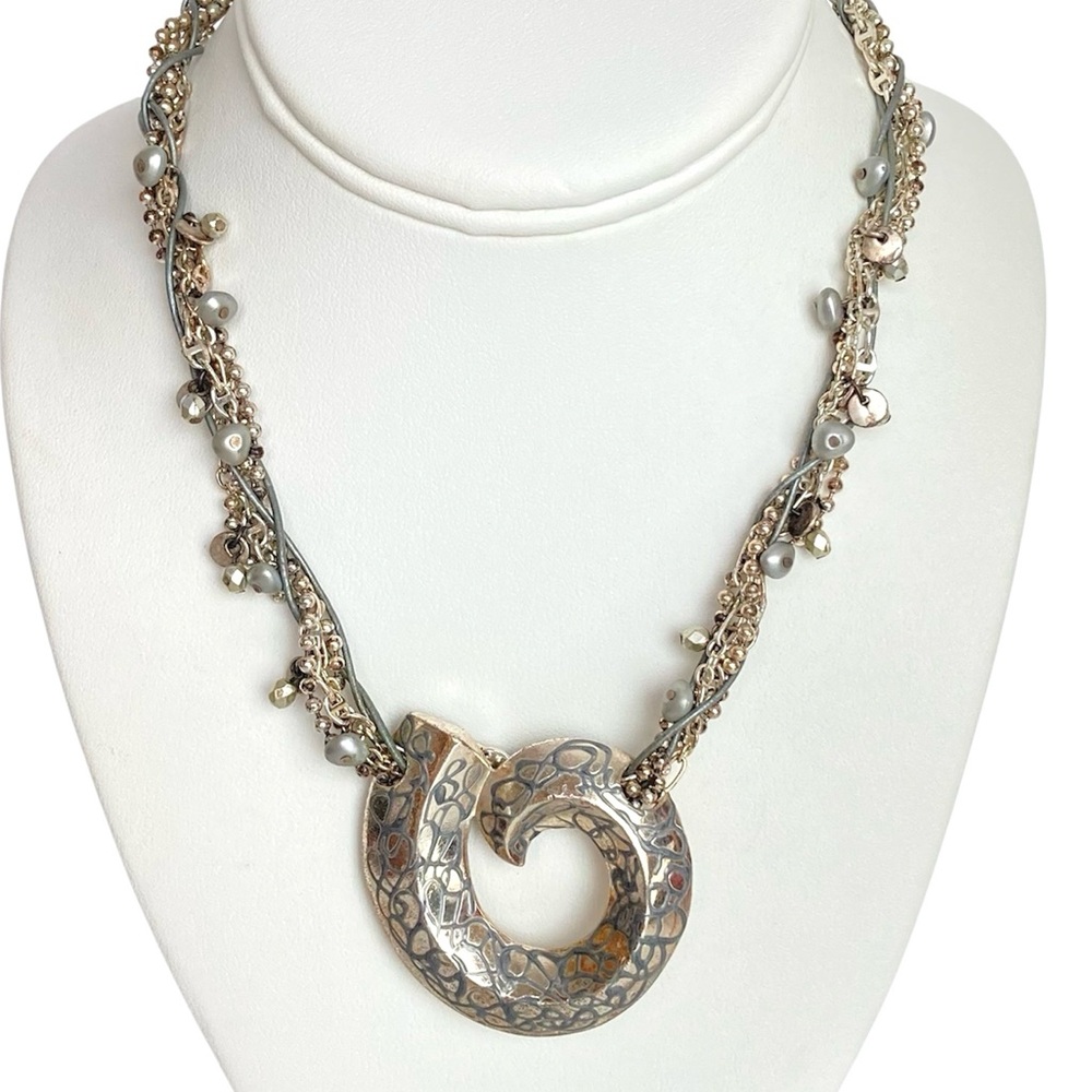Chico's Vintage Silver Tone Spiral Scroll Multi-Strand Torsade Pendant Necklace